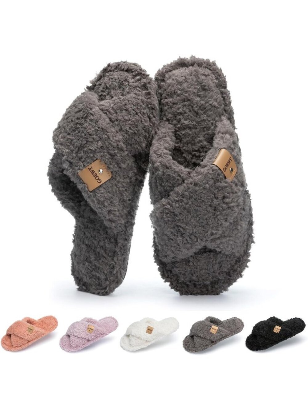 Women's Grey Cozy Cross Band Indoor and Outdoor Fuzzy Open Toe Slipper Shoes